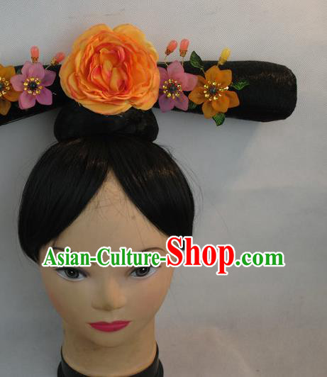 Chinese Traditional Qing Dynasty Queen Hair Accessories Drama Ancient Imperial Empress Orange Peony Flag Bun Wigs and Hairpins Headwear