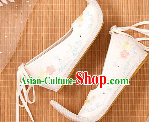 Chinese Ancient Princess Beige Satin Embroidered Shoes Court Women Shoes Handmade Palace Lady Shoes Embroidery Rabbit Shoes
