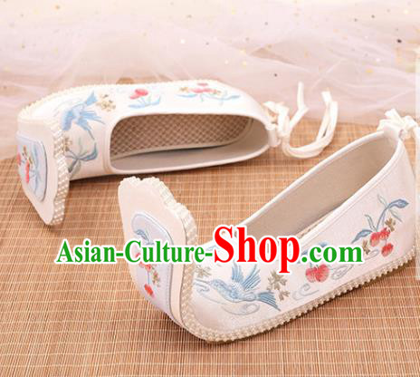 Chinese Ancient Court Women White Satin Embroidered Shoes Princess Shoes Handmade Palace Lady Shoes Embroidery Cherry Bird Shoes