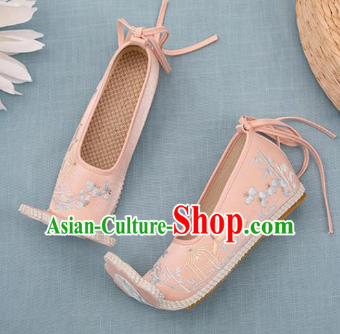 Chinese Ancient Court Women Pink Embroidered Shoes Princess Satin Shoes Handmade Palace Lady Shoes Embroidery Bamboo Bridge Shoes