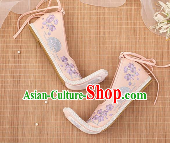 Chinese Ancient Embroidery Plum Blossom Pink Shoes Court Lady Shoes Embroidered Shoes Princess Satin Shoes Handmade Shoes