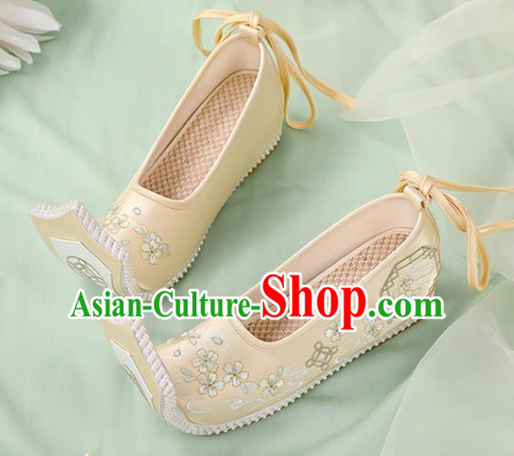 Chinese Ancient Embroidery Plum Blossom Yellow Shoes Court Lady Shoes Embroidered Shoes Princess Satin Shoes Handmade Shoes