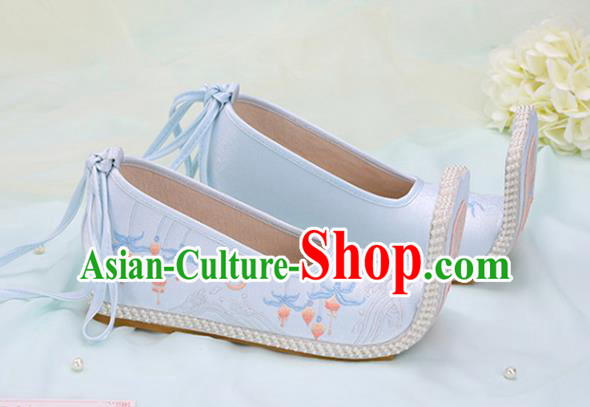 Chinese Ancient Embroidery Enkianthus Blue Shoes Traditional Court Lady Shoes Embroidered Shoes Princess Satin Shoes Handmade Hanfu Shoes