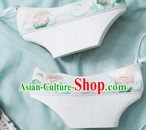 Chinese Qing Dynasty White Saucers Shoes Ancient Princess Embroidery Lotus Shoes Traditional Court Lady Shoes Embroidered Shoes Handmade Satin Shoes