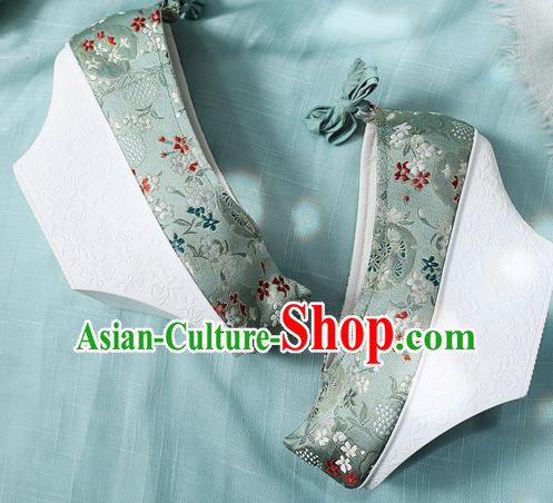 Chinese Qing Dynasty Princess Green Satin Embroidered Shoes Court Women Shoes Ancient Palace Lady Shoes Imperial Consort Saucers Shoes
