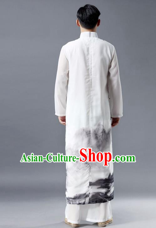 Republic of China National Ink Painting White Chiffon Robe Traditional Tang Suit Costume Comic Dialogue Long Gown for Men