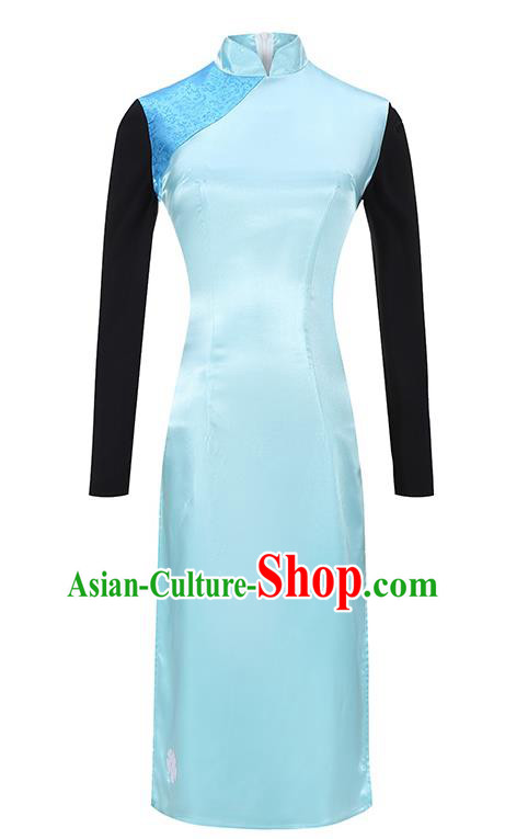Traditional Chinese Qipao Dress Costumes China Cosplay Slim Blue Short Cheongsam for Women