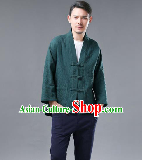 Chinese National Green Flax Jacket Traditional Tang Suit Outer Garment Overcoat Costume Coat for Men