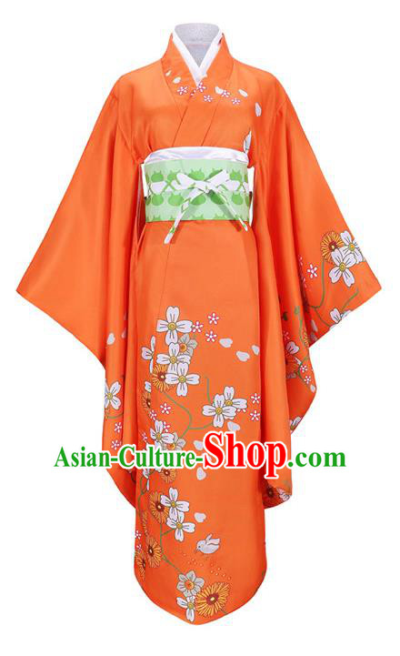 Traditional Japanese Printing Costumes Japan Kimono Cosplay Orange Yukata Dress for Women