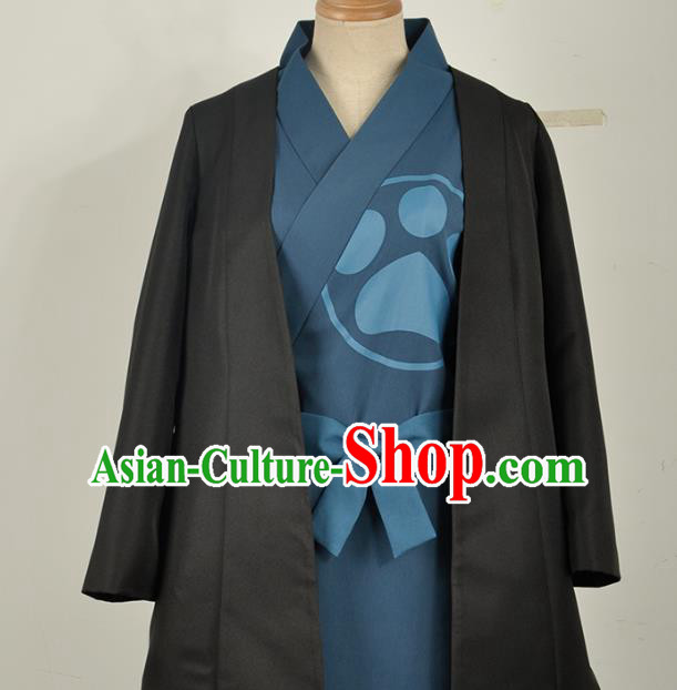 Traditional Japanese Cosplay Costumes Japan Kimono Black Haori and Navy Yukata Dress Belt Complete Set for Women
