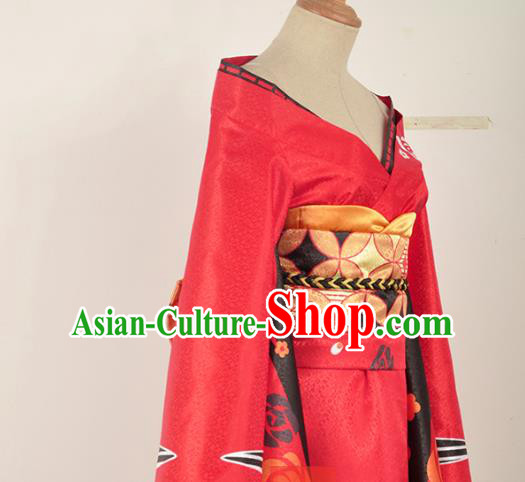 Traditional Japanese Geisha Costumes Japan Kimono Okuni Red Yukata Dress and Belt Complete Set for Women