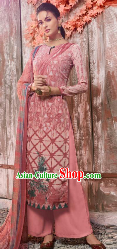 Asian India National Costumes Asia Indian Traditional Printing Pink Crepe Dress Sari and Loose Pants for Women
