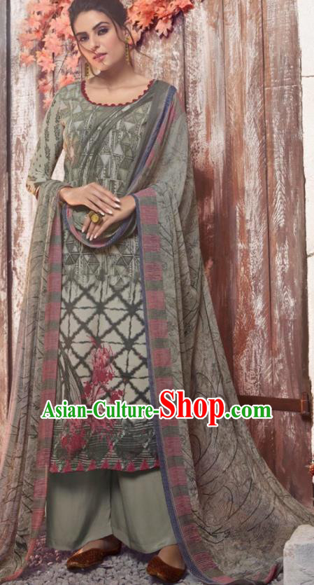 Asian India National Costumes Asia Indian Traditional Printing Gray Crepe Dress Sari and Loose Pants for Women