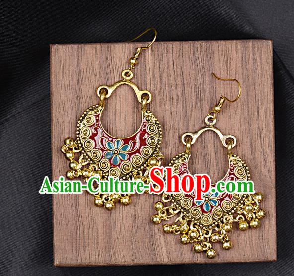 Asian India Traditional Red Eardrop Asia Indian Golden Tassel Earrings Belly Dance Jewelry Accessories for Women