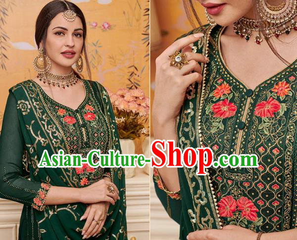 Asian India National Embroidered Punjab Costumes Asia Indian Traditional Green Faux Georgette Dress Sari and Loose Pants for Women