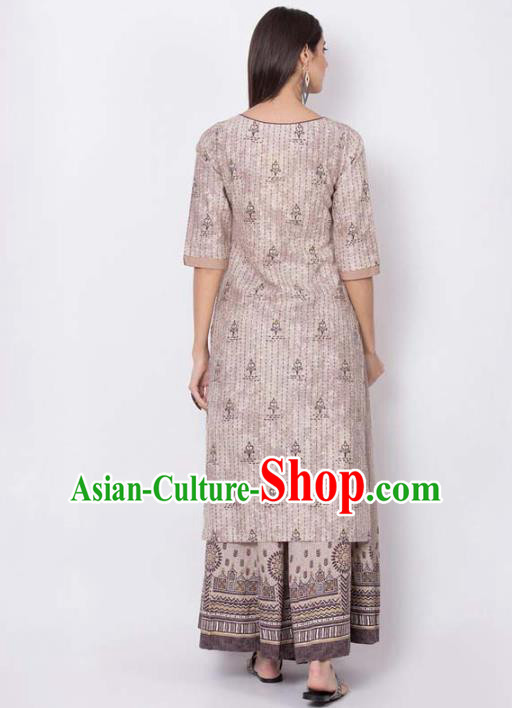 Asian India National Light Brown Long Shirt Costumes Asia Indian Traditional Printing Cotton Blouse for Women