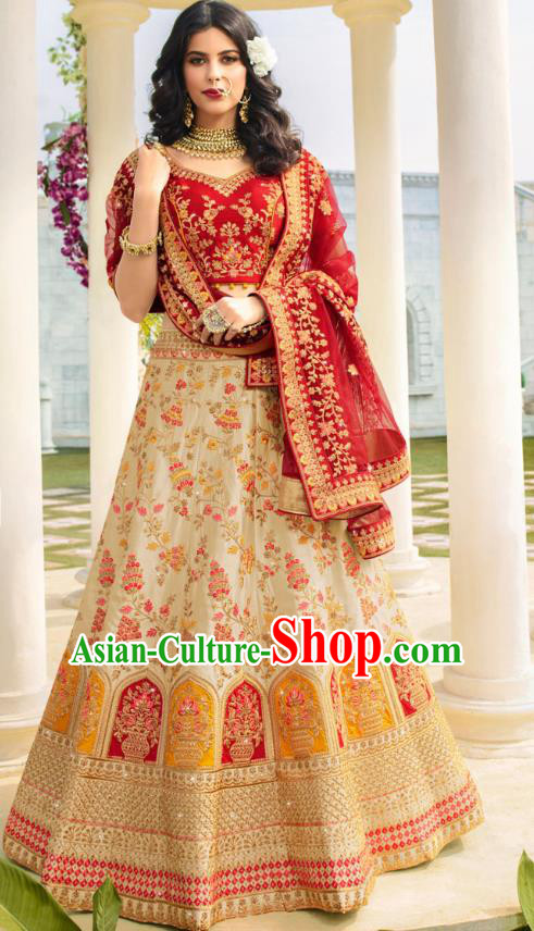 Asian India National Embroidered Lehenga Costumes Asia Indian Bride Traditional Red Satin Blouse and Beige Skirt Sari for Women