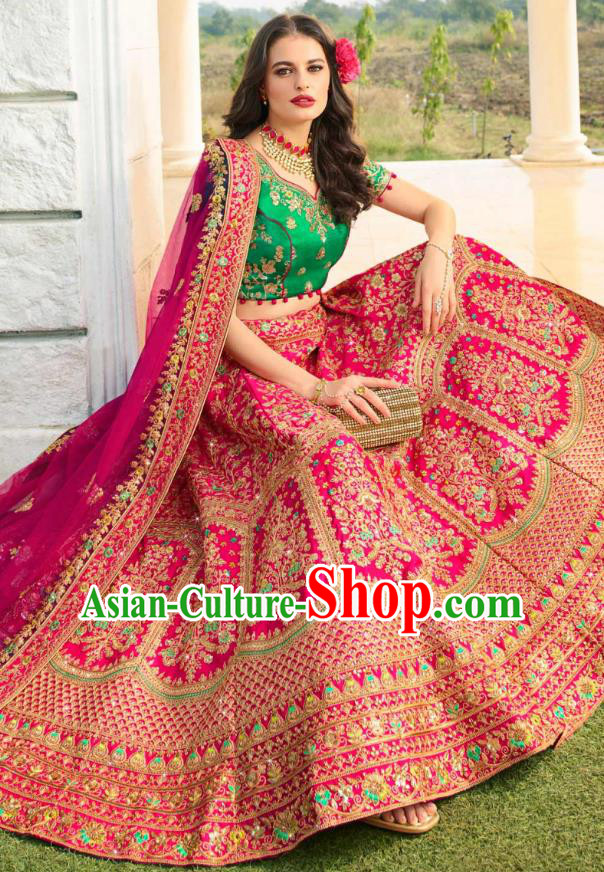 Asian India National Embroidered Lehenga Costumes Asia Indian Bride Traditional Green Satin Blouse and Magenta Skirt Sari for Women