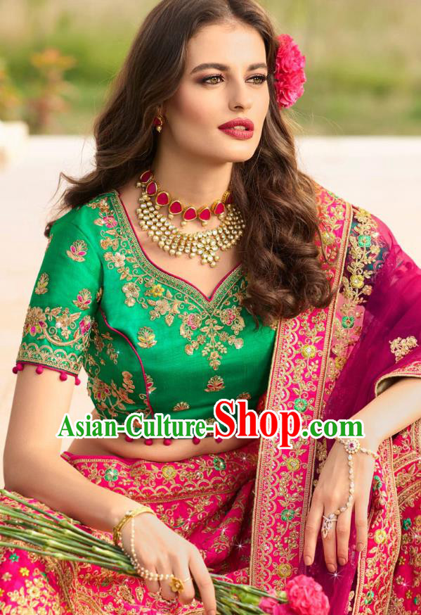 Asian India National Embroidered Lehenga Costumes Asia Indian Bride Traditional Green Satin Blouse and Magenta Skirt Sari for Women
