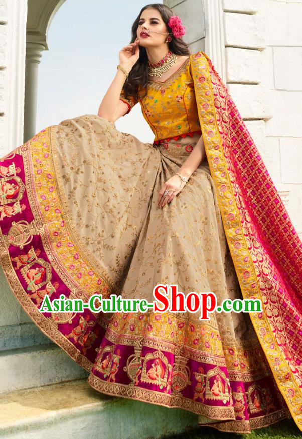 Asian India National Embroidered Lehenga Costumes Asia Indian Bride Traditional Yellow Satin Blouse and Gray Skirt Sari for Women