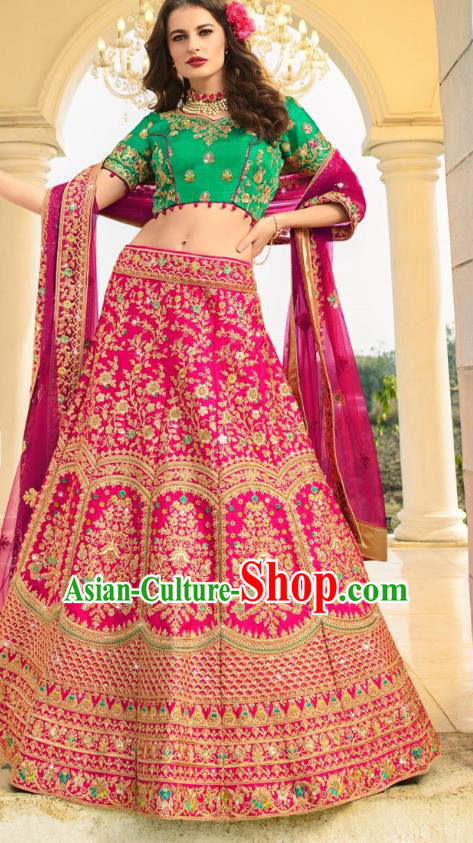 Asian India National Embroidered Lehenga Costumes Asia Indian Bride Traditional Green Satin Blouse and Magenta Skirt Sari for Women