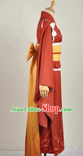 Traditional Japanese Purplish Red Yukata Dress Costumes Japan Geisha Kimono and Belt Complete Set for Women
