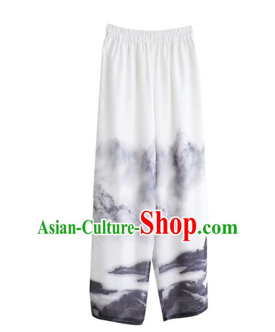 Chinese National Printing White Chiffon Pants Traditional Tang Suit Costume Loose Trousers for Men
