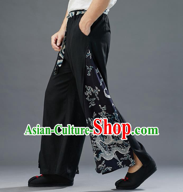 Chinese National Black Flax Pants Traditional Tang Suit Costume Printing Dragon Linen Loose Trousers for Men