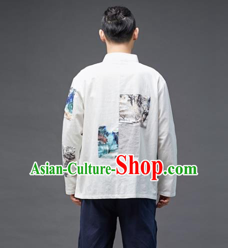 Chinese National Men Linen Shirt Traditional Tang Suit Costume Upper Outer Garment Overshirt