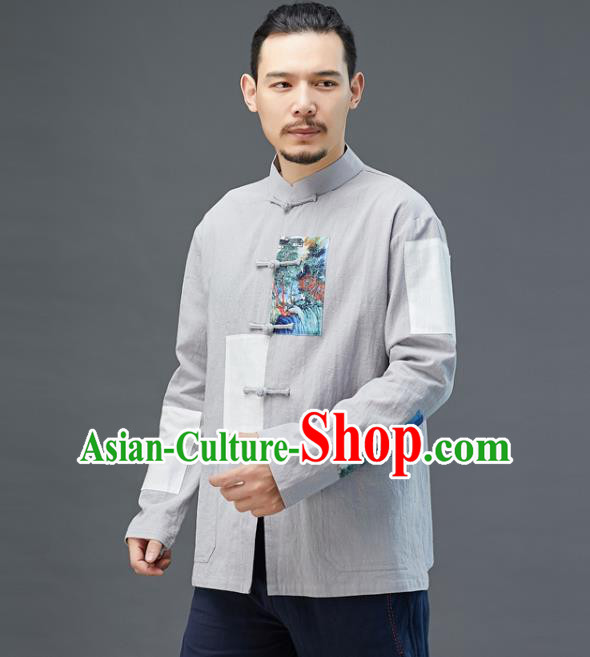 Chinese National Men Grey Linen Shirt Traditional Tang Suit Costume Upper Outer Garment Overshirt