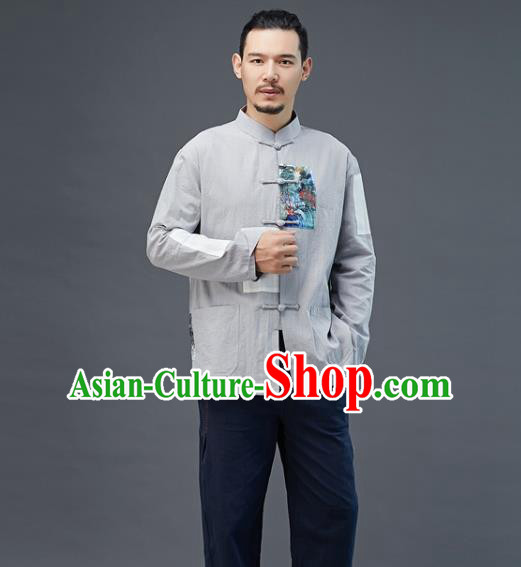 Chinese National Men Grey Linen Shirt Traditional Tang Suit Costume Upper Outer Garment Overshirt