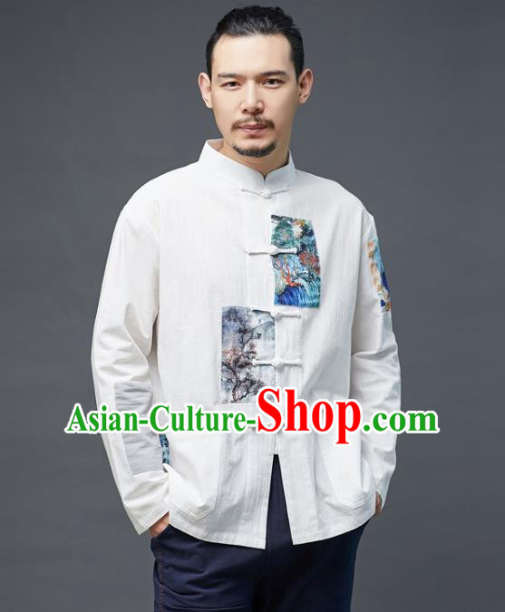 Chinese National Men Linen Shirt Traditional Tang Suit Costume Upper Outer Garment Overshirt