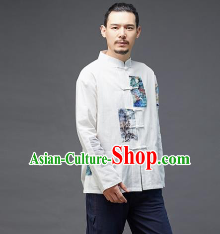 Chinese National Men Linen Shirt Traditional Tang Suit Costume Upper Outer Garment Overshirt