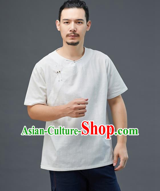 Chinese National White Linen Short Sleeve Shirt Traditional Tang Suit Upper Outer Garment Costume for Men