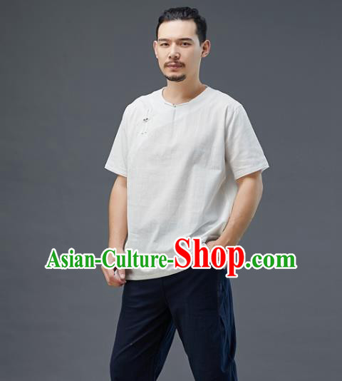 Chinese National White Linen Short Sleeve Shirt Traditional Tang Suit Upper Outer Garment Costume for Men