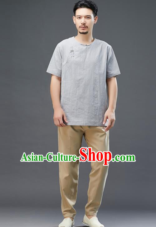Chinese National Grey Linen Short Sleeve Shirt Traditional Tang Suit Upper Outer Garment Costume for Men