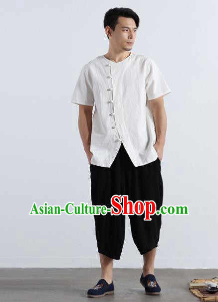 Chinese National White Flax Frog Buttons Shirt Traditional Tang Suit Short Sleeve Upper Outer Garment Costume for Men