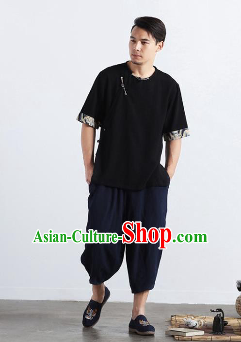 Chinese National Black Flax Shirt Traditional Tang Suit Short Sleeve Upper Outer Garment Frog Buttons Costume for Men