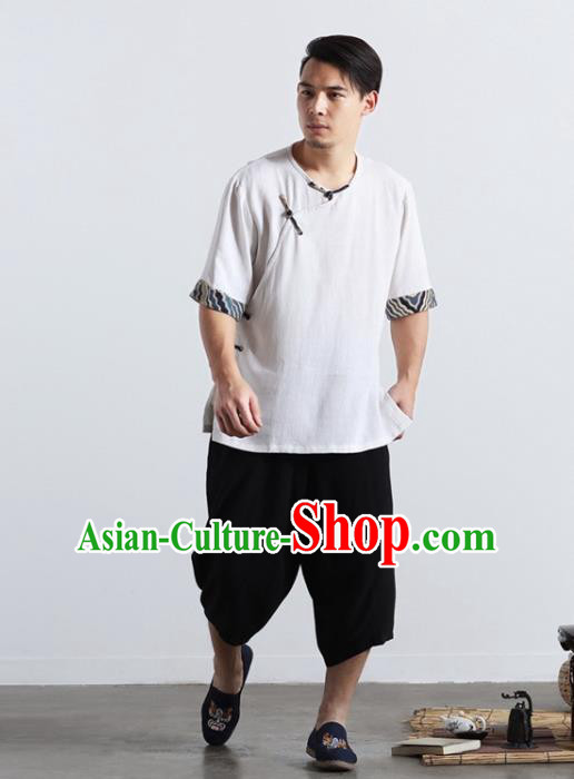 Chinese National White Flax Shirt Traditional Tang Suit Short Sleeve Upper Outer Garment Frog Buttons Costume for Men
