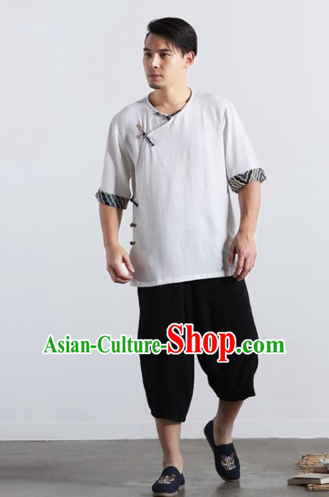 Chinese National White Flax Shirt Traditional Tang Suit Short Sleeve Upper Outer Garment Frog Buttons Costume for Men