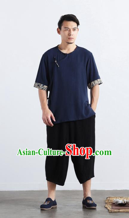 Chinese National Navy Flax Shirt Traditional Tang Suit Short Sleeve Upper Outer Garment Frog Buttons Costume for Men