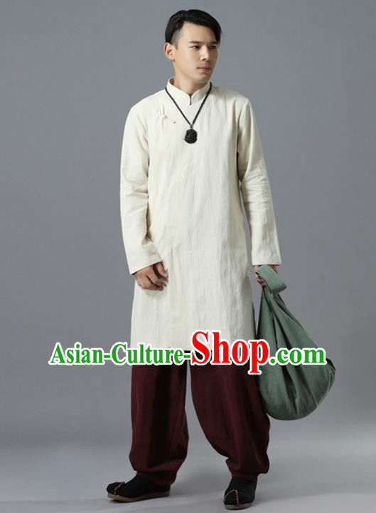 Chinese National White Flax Coat Traditional Tang Suit Outer Garment Overcoat Costume for Men