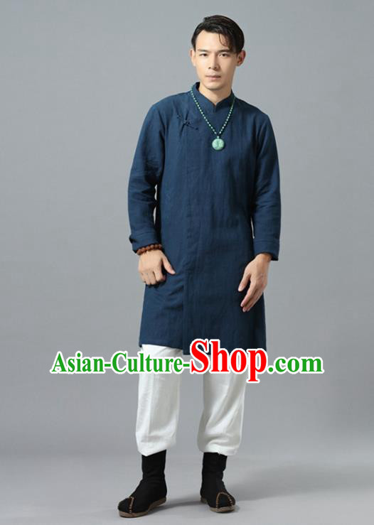 Chinese National Navy Flax Coat Traditional Tang Suit Outer Garment Overcoat Costume for Men