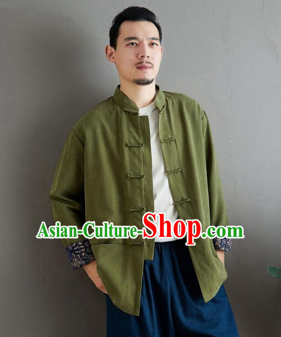 Chinese National Olive Green Linen Coat Traditional Tang Suit Upper Outer Garment Jacket Costume for Men