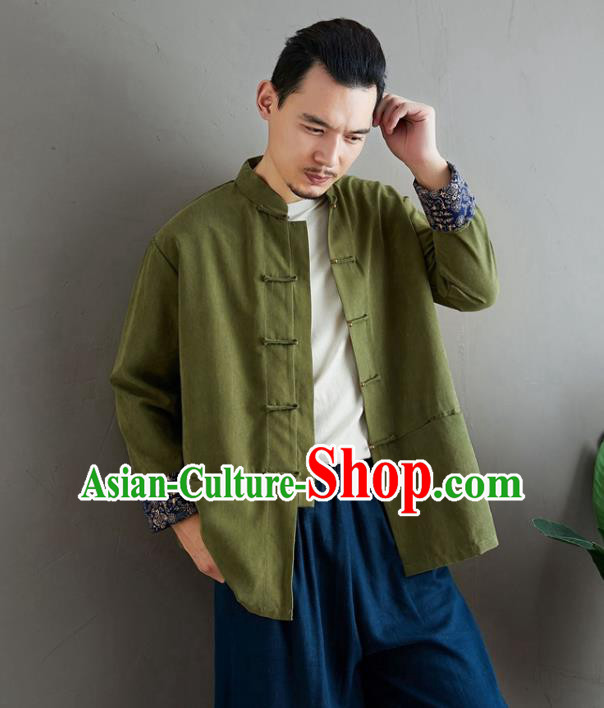 Chinese National Olive Green Linen Coat Traditional Tang Suit Upper Outer Garment Jacket Costume for Men