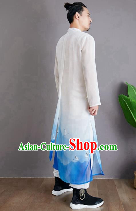 Republic of China National Printing Crane Robe Traditional Tang Suit Costume Comic Dialogue Blue Chiffon Long Gown for Men