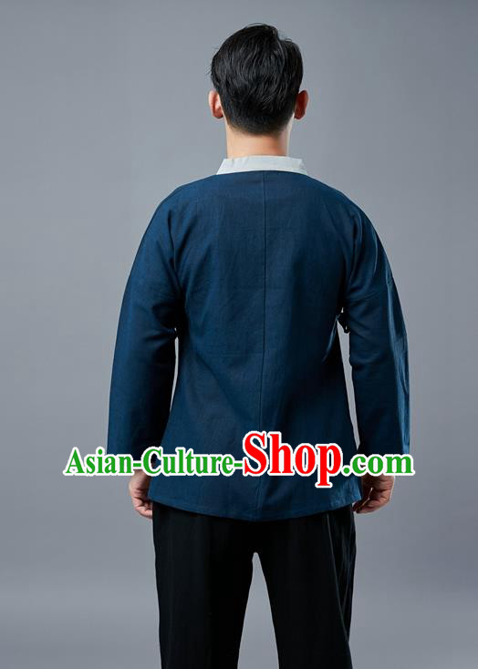 Chinese National Navy Linen Shirt Traditional Tang Suit Upper Outer Garment Slant Opening Costume for Men