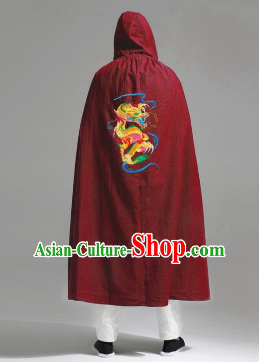 Chinese National Embroidered Dragon Red Flax Cape Traditional Tang Suit Outer Garment Coat Costume Hooded Cloak for Men