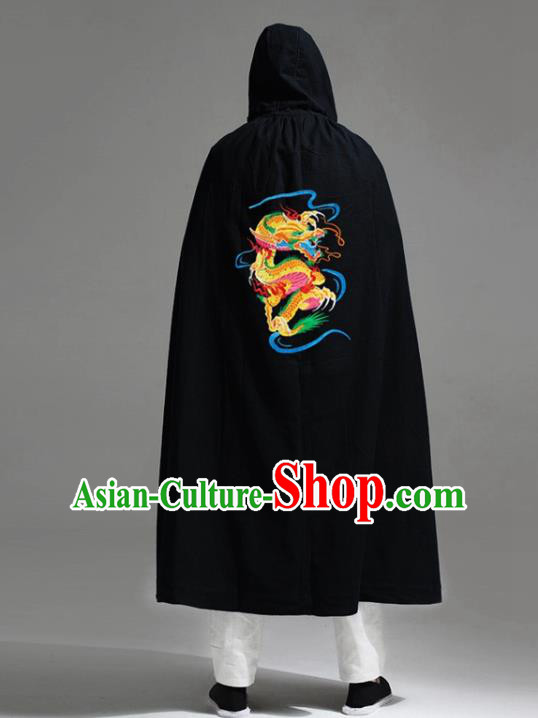 Chinese National Embroidered Dragon Black Flax Cape Traditional Tang Suit Outer Garment Coat Costume Hooded Cloak for Men