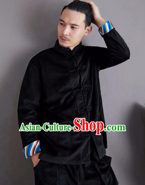Chinese National Black Corduroy Shirt and Pants Traditional Tang Suit Costume Martial Arts Clothing for Men